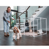  36 inch height medium dog pen in white color with dog and woman