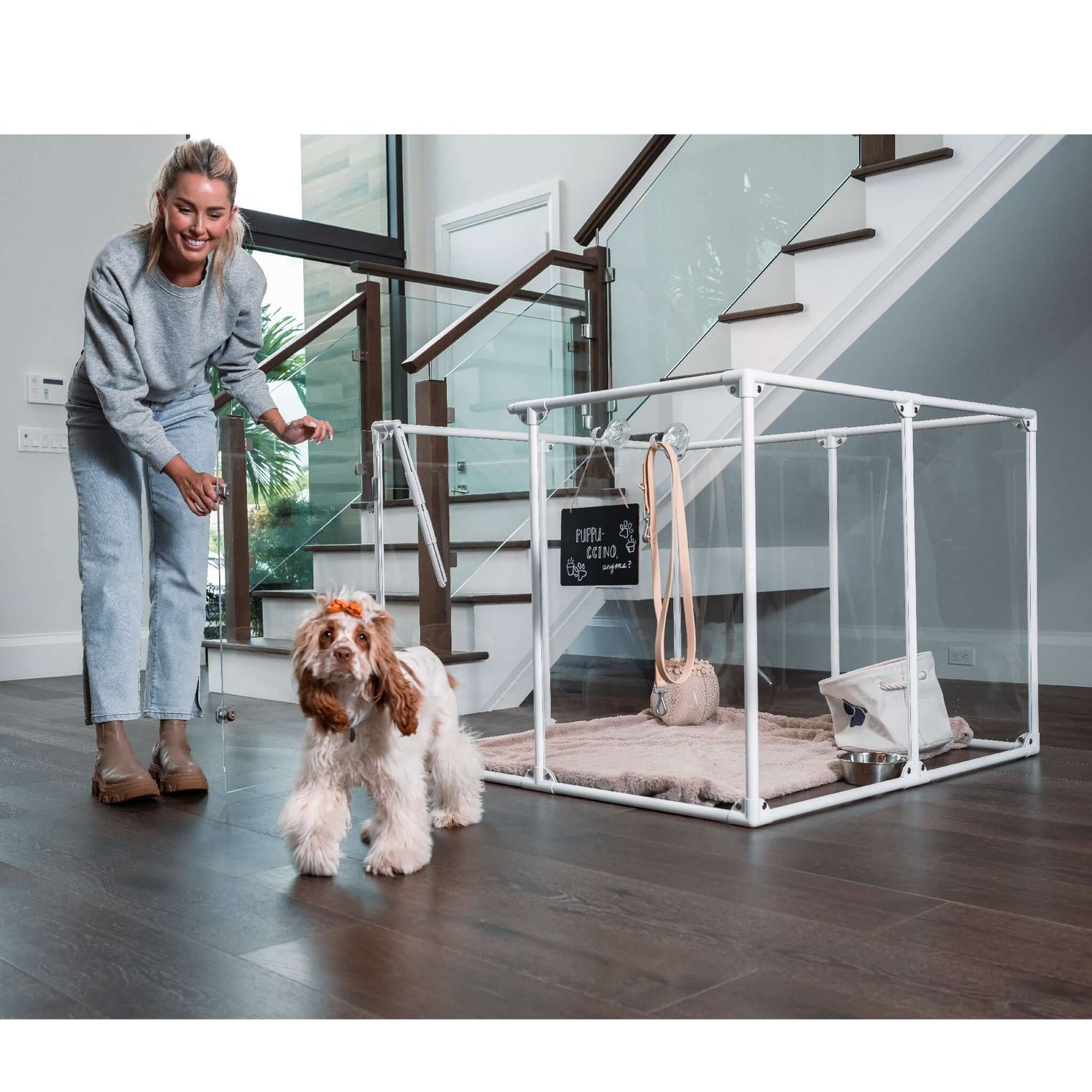  36 inch height medium dog pen in white color with dog and woman
