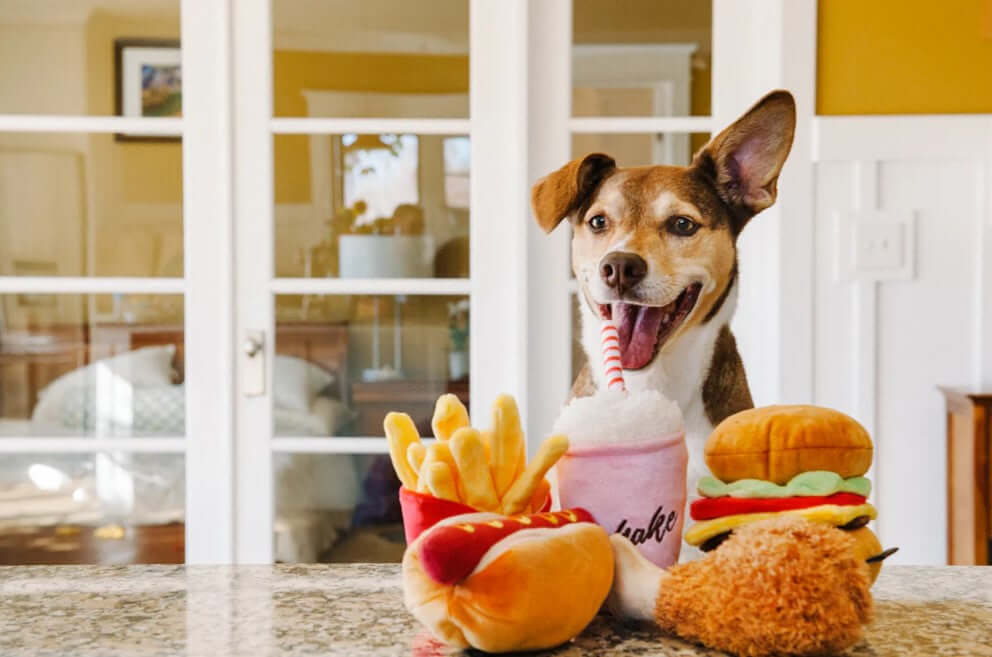 Dog enjoying the Food Toy Set with plush burger, fries, hot dog, chicken leg, and milkshake on a countertop.