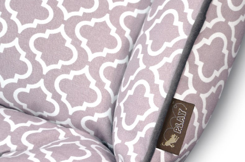 P.L.A.Y. Moroccan Lounge Bed with intricate Moroccan pattern in gray and white, made of 100% natural cotton fabric, close-up view