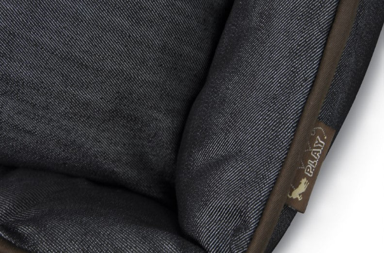 P.L.A.Y. Denim Lounge Bed detail showing durable, soft denim fabric and chic piping for a cozy dog bed.