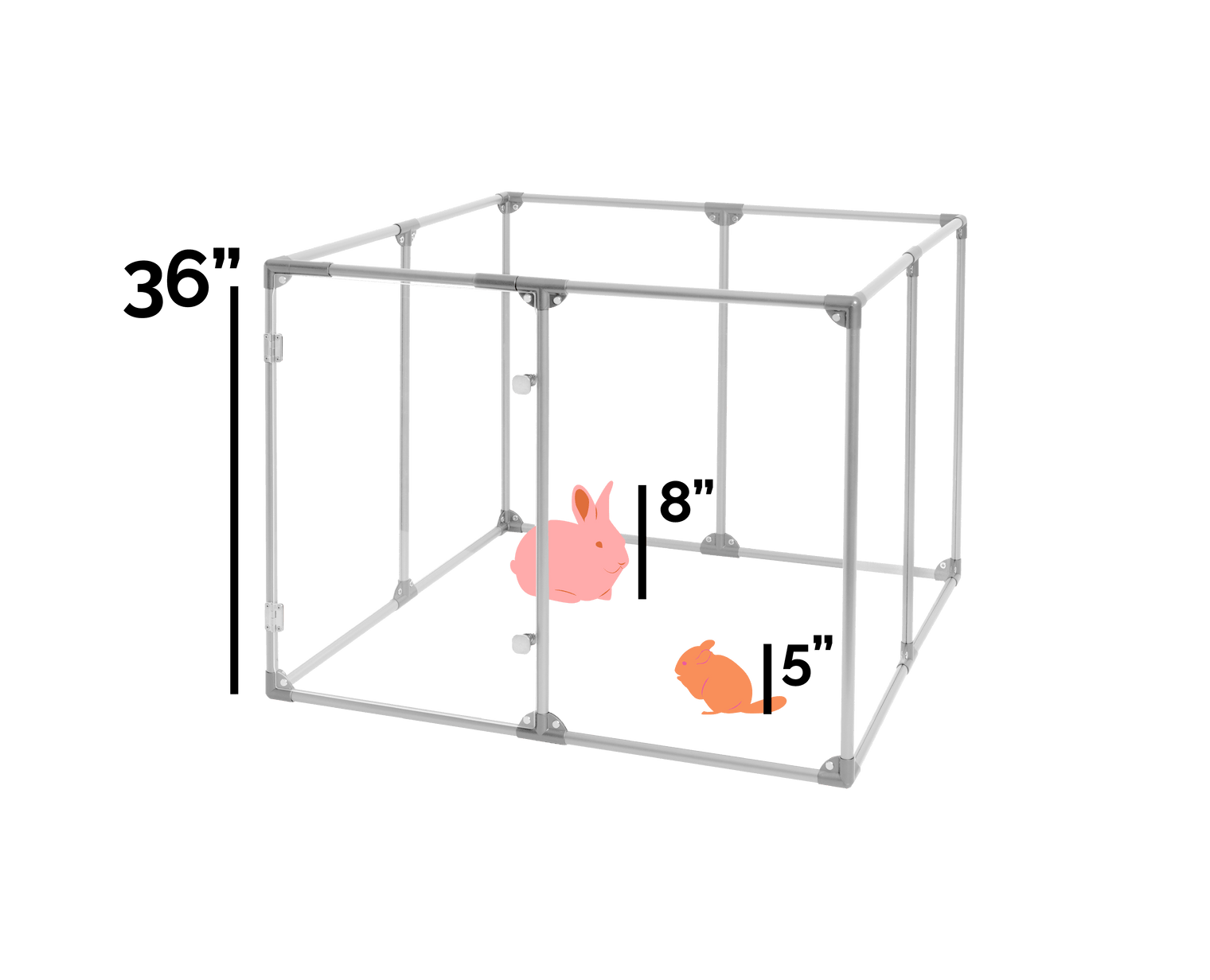  36 inch height medium dog pen in silver color shown relative to rabbit and small mammal