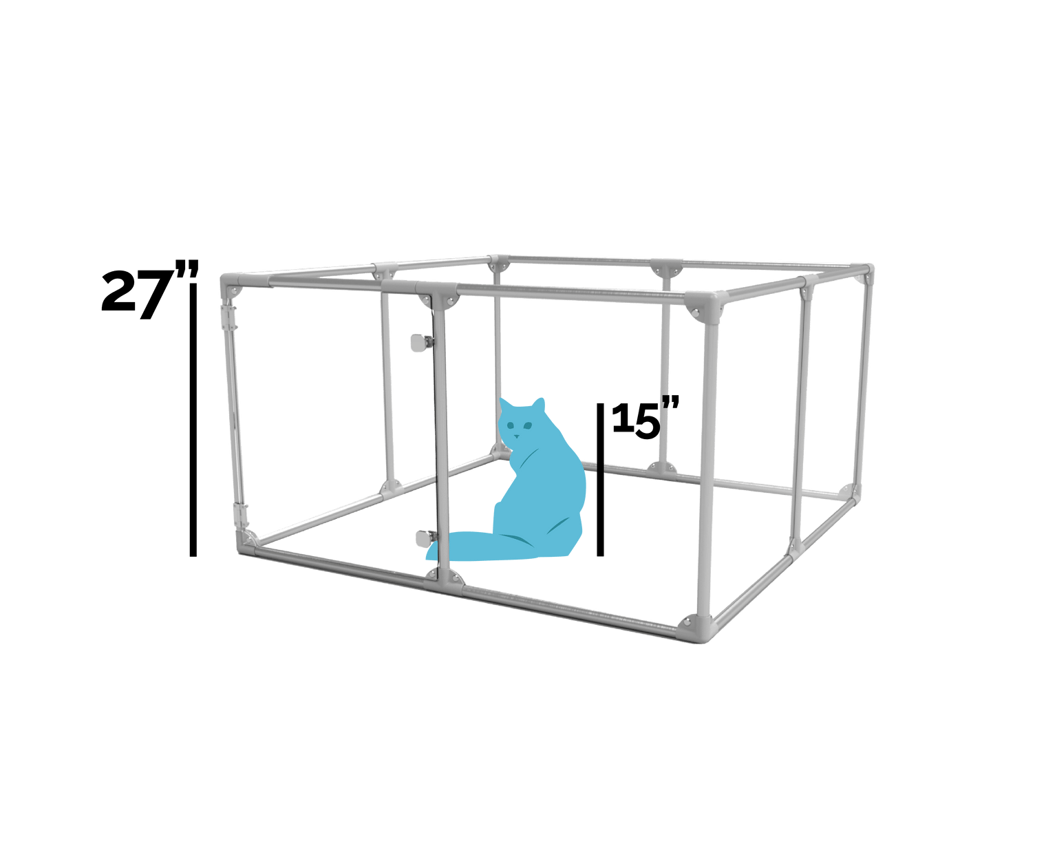27 inch height medium dog pen in silver color shown relative to typical cat