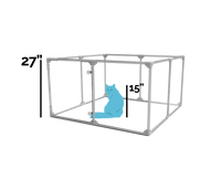 27 inch height medium dog pen in silver color shown relative to typical cat