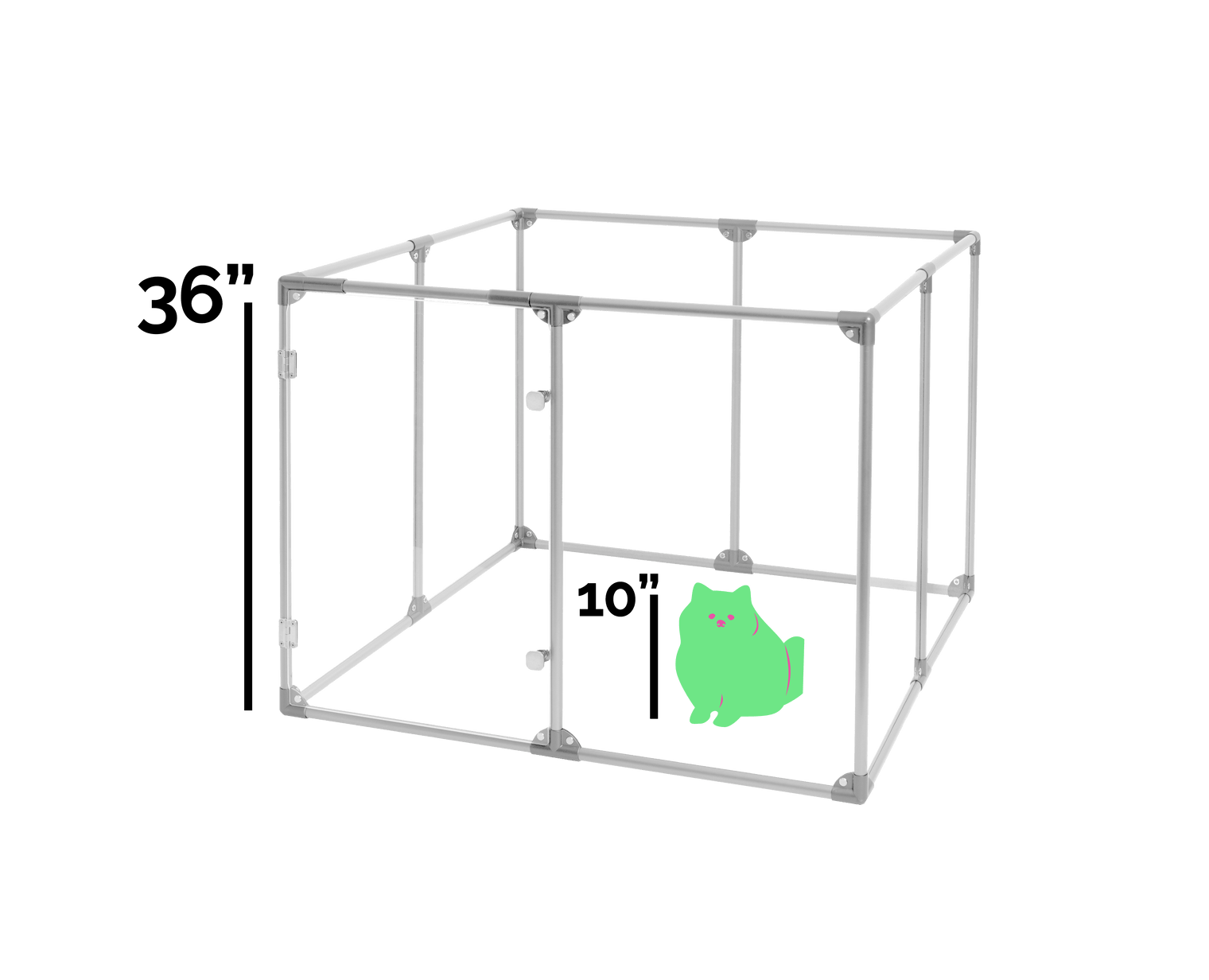  36 inch height medium dog pen in silver color shown relative to cat