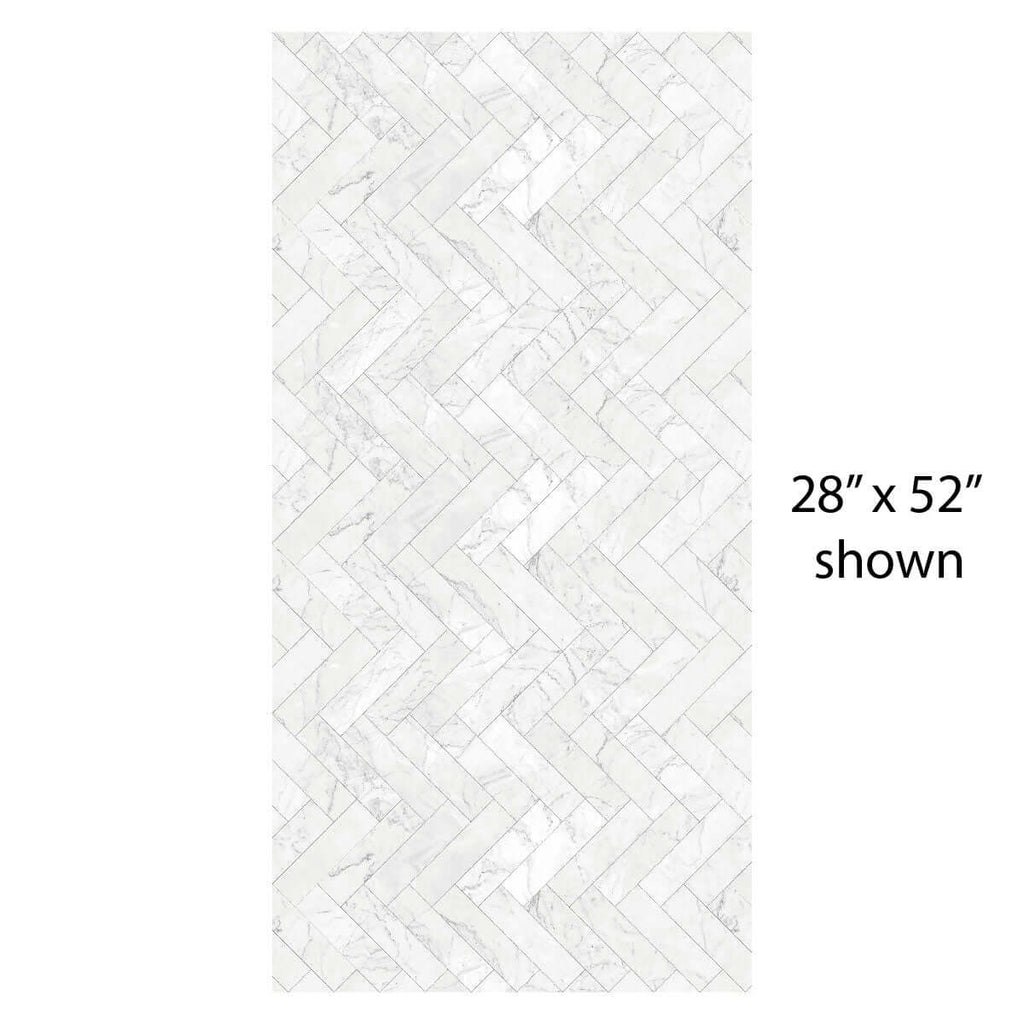 Versailles Style Vinyl Mat with herringbone pattern, size 28" x 52", mimicking elegant white marble.