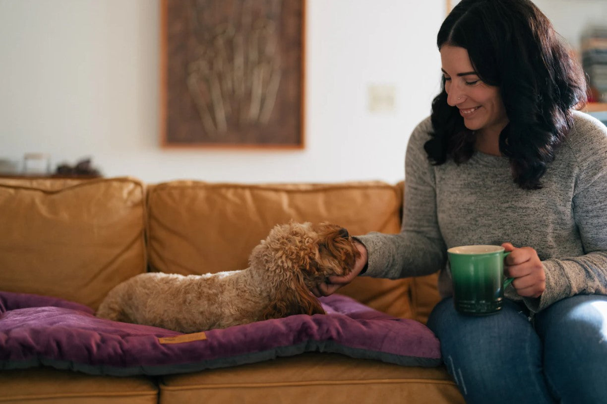 Woman enjoying coffee on couch with dog resting on P.L.A.Y. Coastal Series Chill Pad.