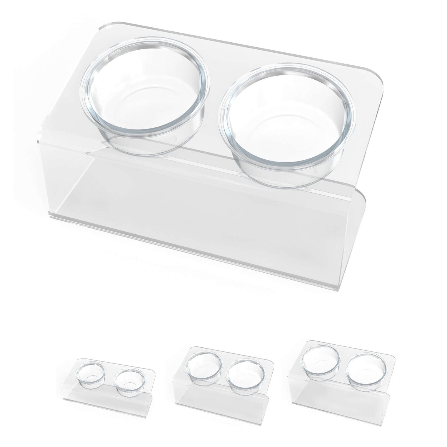 Modern Acrylic Glass Bowl Feeders, Angled Style, Double Bowl, MEDIUM - (Unused Return)