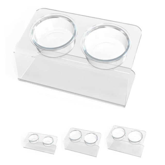 Modern Acrylic Glass Bowl Feeders, Angled Style, Double Bowl, MEDIUM - (Unused Return)