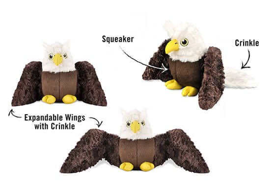 Eagle plush toy with squeaker, crinkle, and expandable wings from P.L.A.Y. Fetching Flock Toy Set for interactive dog play.