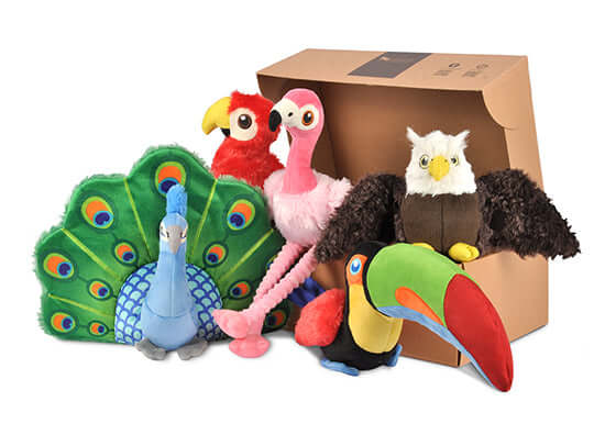 Vibrant Fetching Flock Toy Set with plush Peacock, Eagle, Parrot, Flamingo, and Toucan, perfect for interactive dog play.