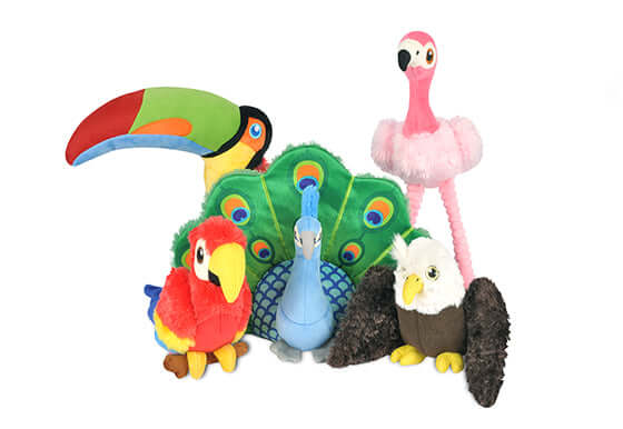 Fetching Flock Toy Set with plush Peacock, Eagle, Parrot, Flamingo, and Toucan toys for dogs, featuring squeakers and crinkles.