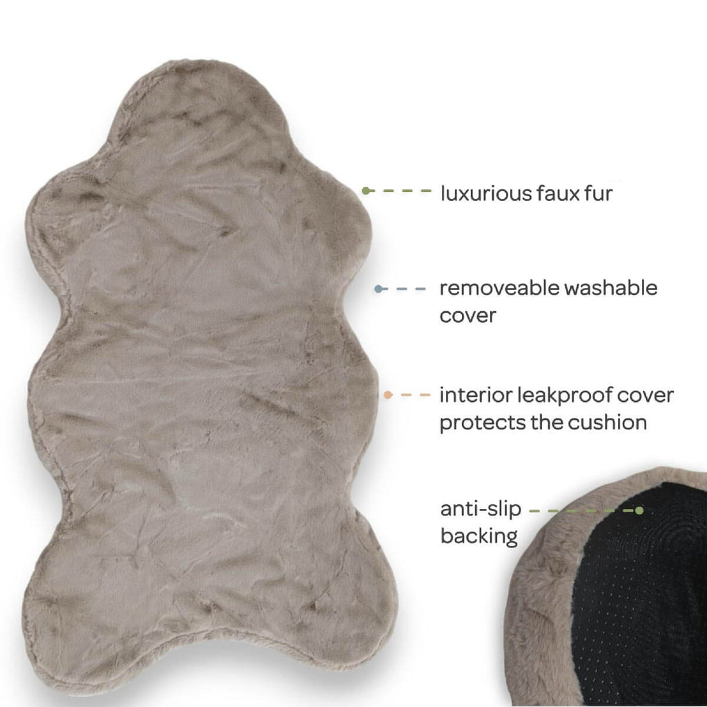 Hide shaped pet bed with feature descriptions