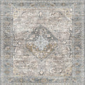 Decorative vinyl mat with a central medallion design in shades of gray, beige, and brown. Close-up.