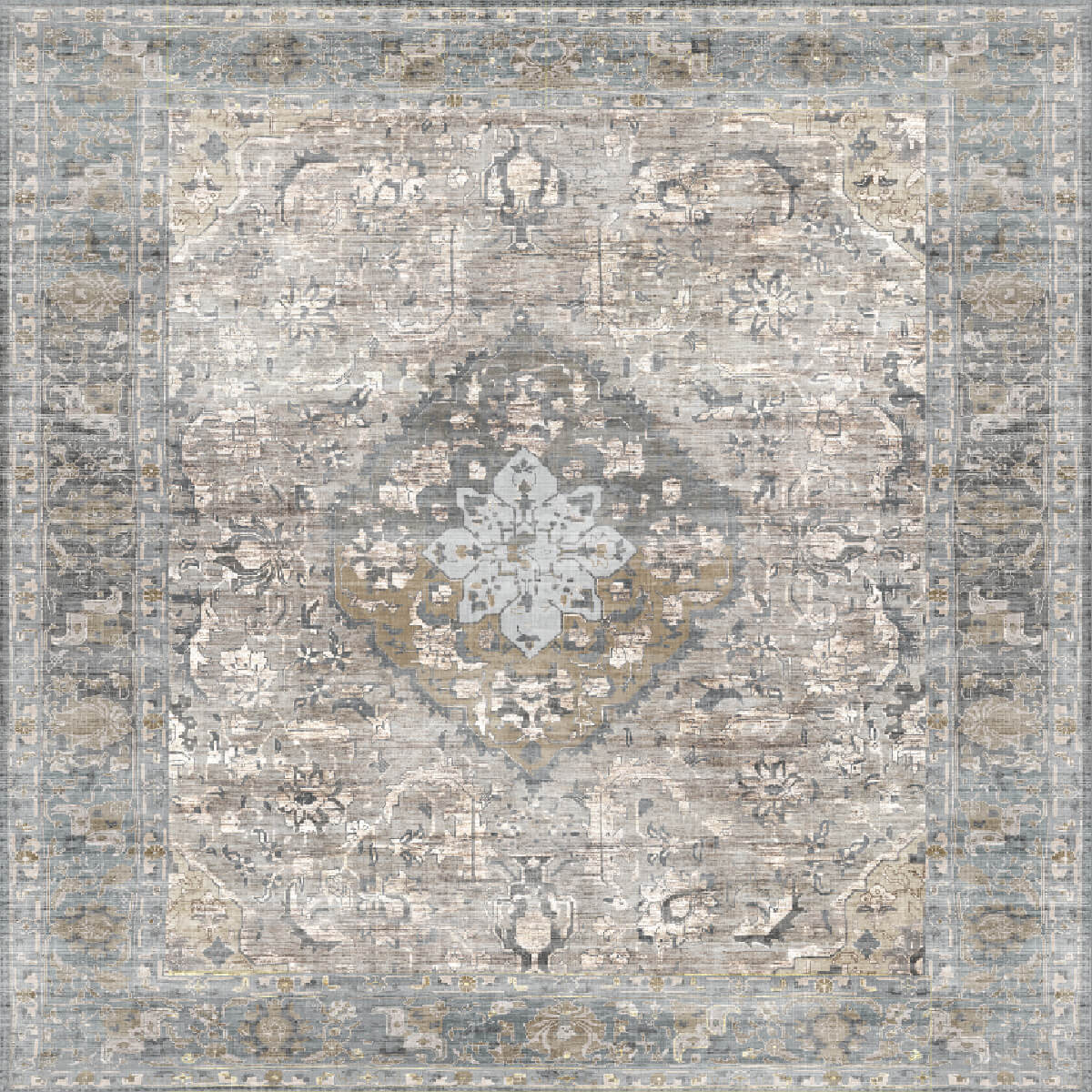 Decorative vinyl mat with a central medallion design in shades of gray, beige, and brown. Close-up.