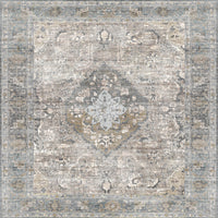 Decorative vinyl mat with a central medallion design in shades of gray, beige, and brown. Close-up.