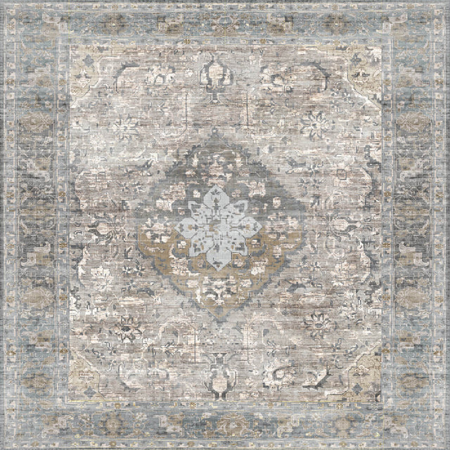 Decorative vinyl mat with a central medallion design in shades of gray, beige, and brown. Close-up.