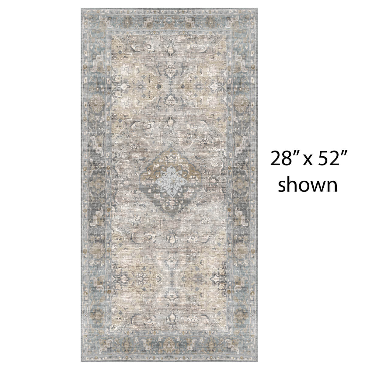 Decorative vinyl mat with a central medallion design in shades of gray, beige, and brown.