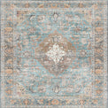 Decorative vinyl mat with a central medallion design in turquoise, beige, and brown on a light gray background. close-up