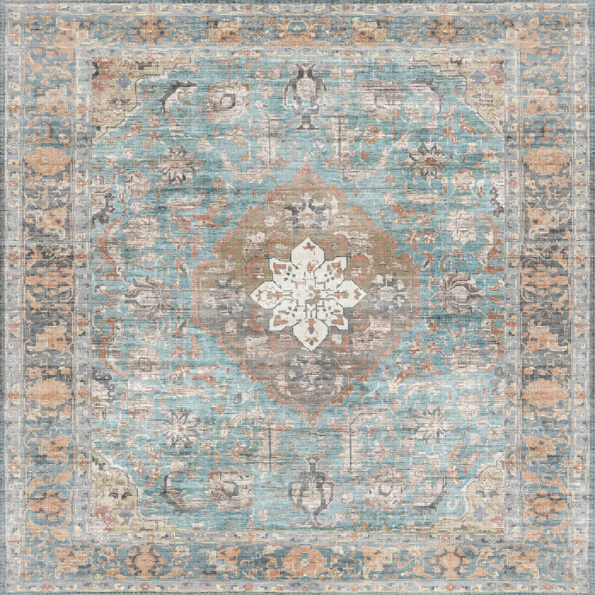 Decorative vinyl mat with a central medallion design in turquoise, beige, and brown on a light gray background. close-up