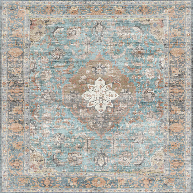 Decorative vinyl mat with a central medallion design in turquoise, beige, and brown on a light gray background. close-up