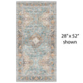 Decorative vinyl mat with a central medallion design in turquoise, beige, and brown on a light gray background.