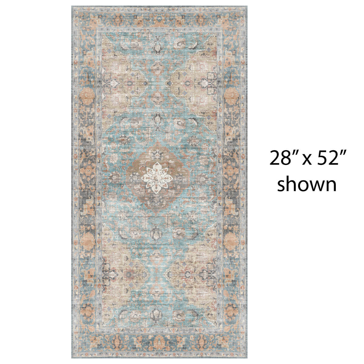 Decorative vinyl mat with a central medallion design in turquoise, beige, and brown on a light gray background.