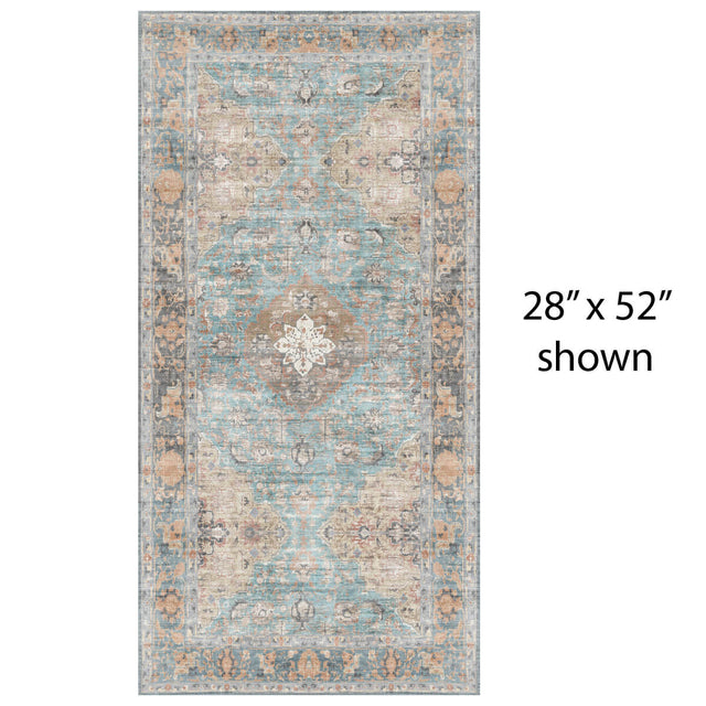 Decorative vinyl mat with a central medallion design in turquoise, beige, and brown on a light gray background.