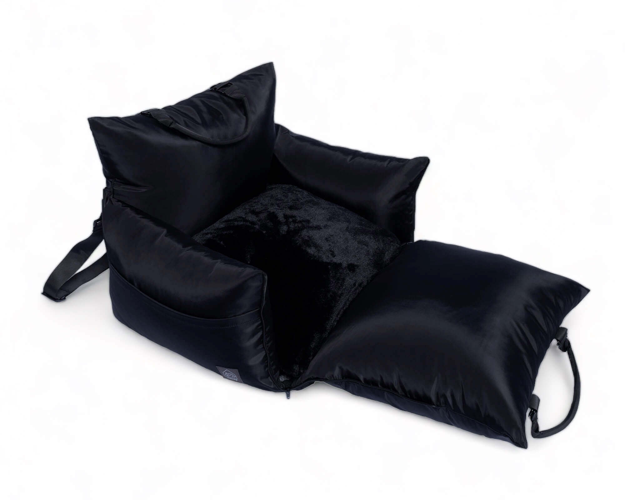 Black travel bed - side view with front side folded down