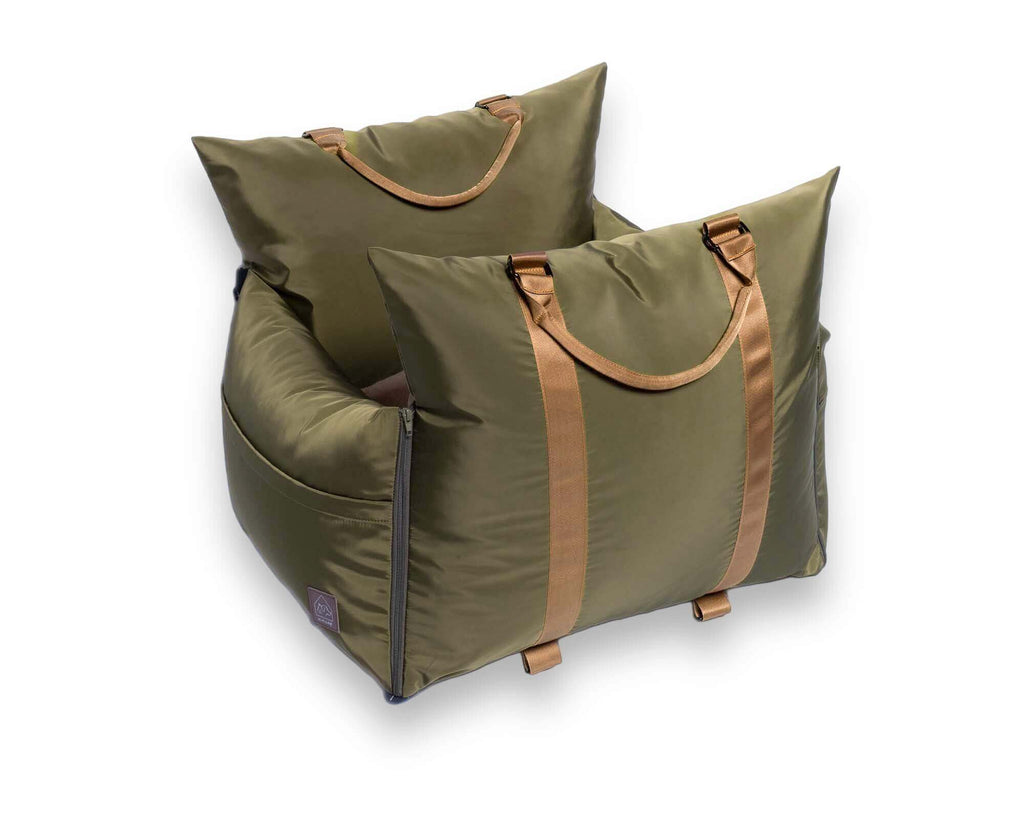 Olive travel bed - front view