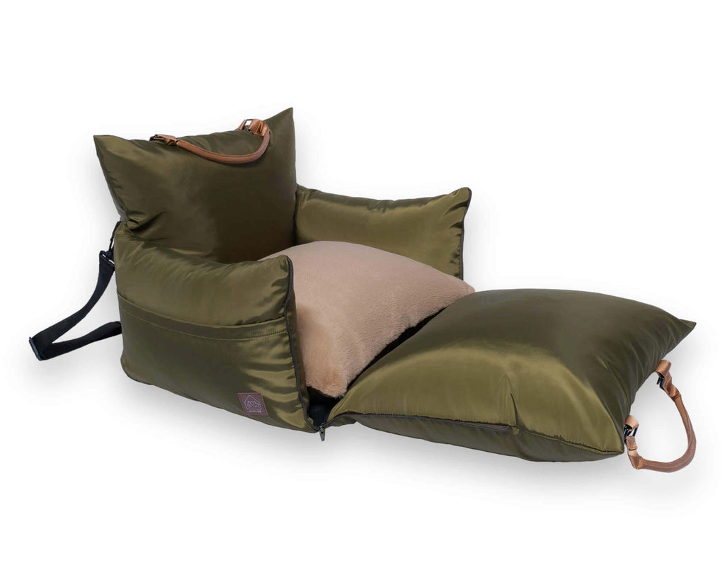 Olive travel bed - side view with front side folded down