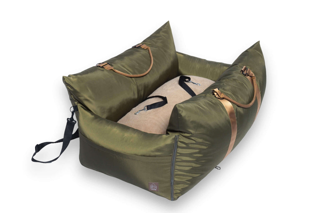 Olive double size travel bed - side view