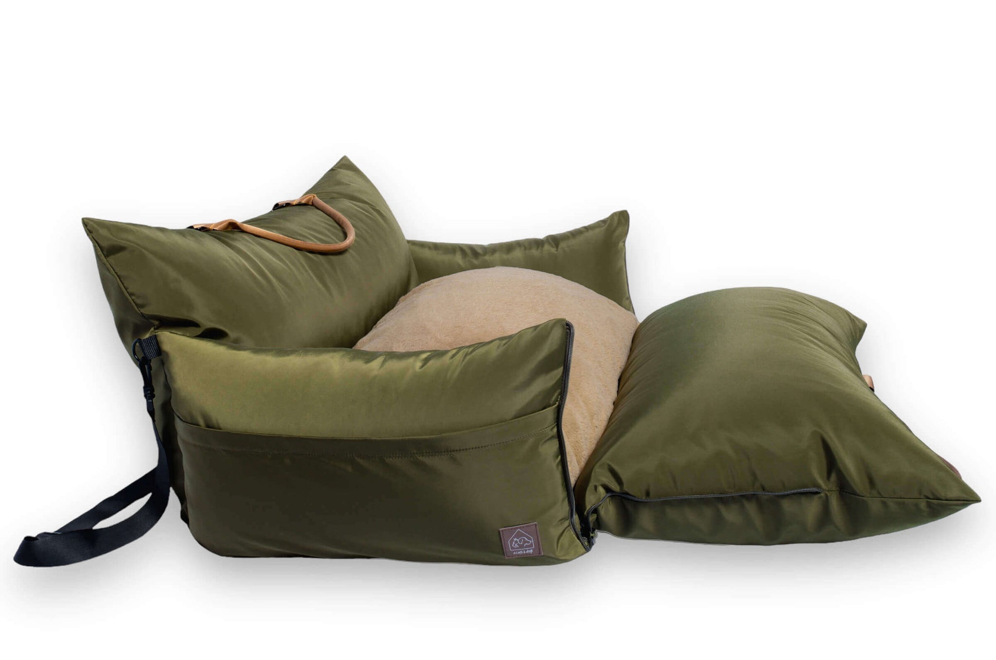 Olive double size travel bed - side view - with front side folded down