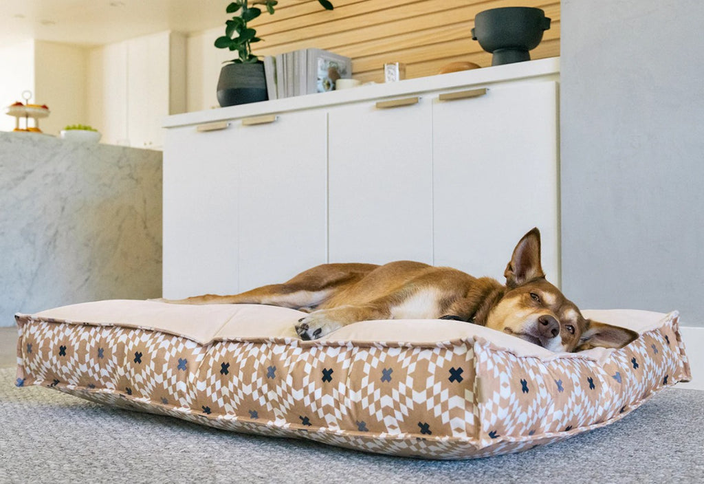 Dog relaxing on a P.L.A.Y. Marina Boxy Bed, a stylish and durable rectangle dog bed with a contemporary striped design and reversible cover.