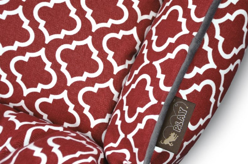 P.L.A.Y. Moroccan Lounge Bed with red and white intricate pattern, soft 100% natural cotton fabric for dog comfort