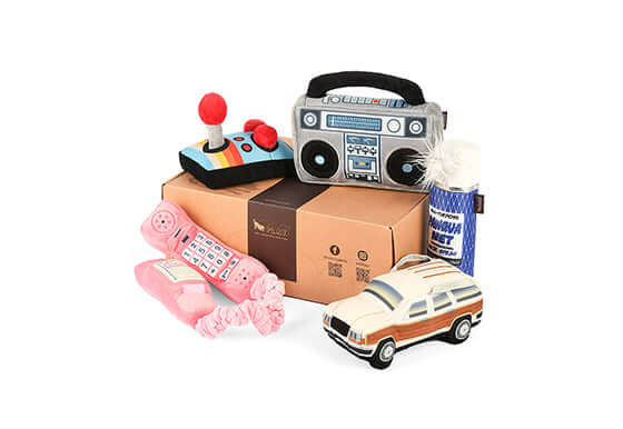 80s Classic Toy Set for dogs with plush boom box, joystick, car, phone, and laundry bottle for nostalgic pet playtime.