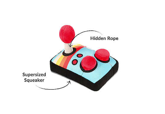 Retro joystick dog toy with hidden rope and supersized squeaker from the 80s Classic Toy Set by P.L.A.Y.