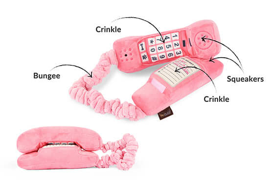 Pink retro plush phone dog toy with crinkle, squeakers, and bungee features from the 80's Classic Toy Set.