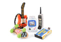 90s Classic Toy Set plush collection featuring skateboard, electric guitar, retro game console, cell phone, and cassette tape dog toys.