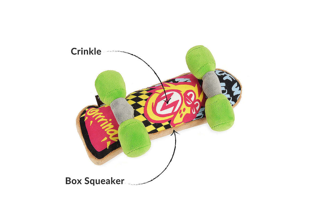 90s Classic Toy Set skateboard plush with crinkle and box squeaker features for dogs.