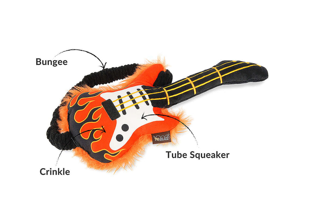 90s classic guitar plush dog toy with bungee, crinkle, and tube squeaker features, part of the P.L.A.Y. 90s Classics Toy Collection.