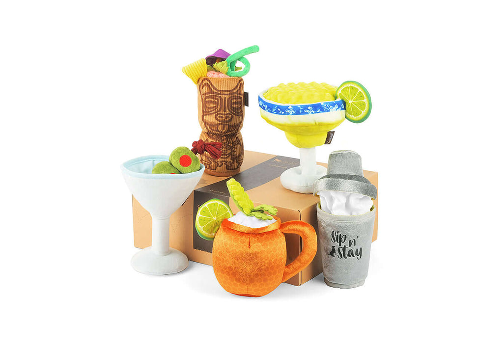 P.L.A.Y. Barktender Toy Set featuring five cocktail-inspired plush toys for dogs, including a margarita and tiki drink, perfect for playtime.