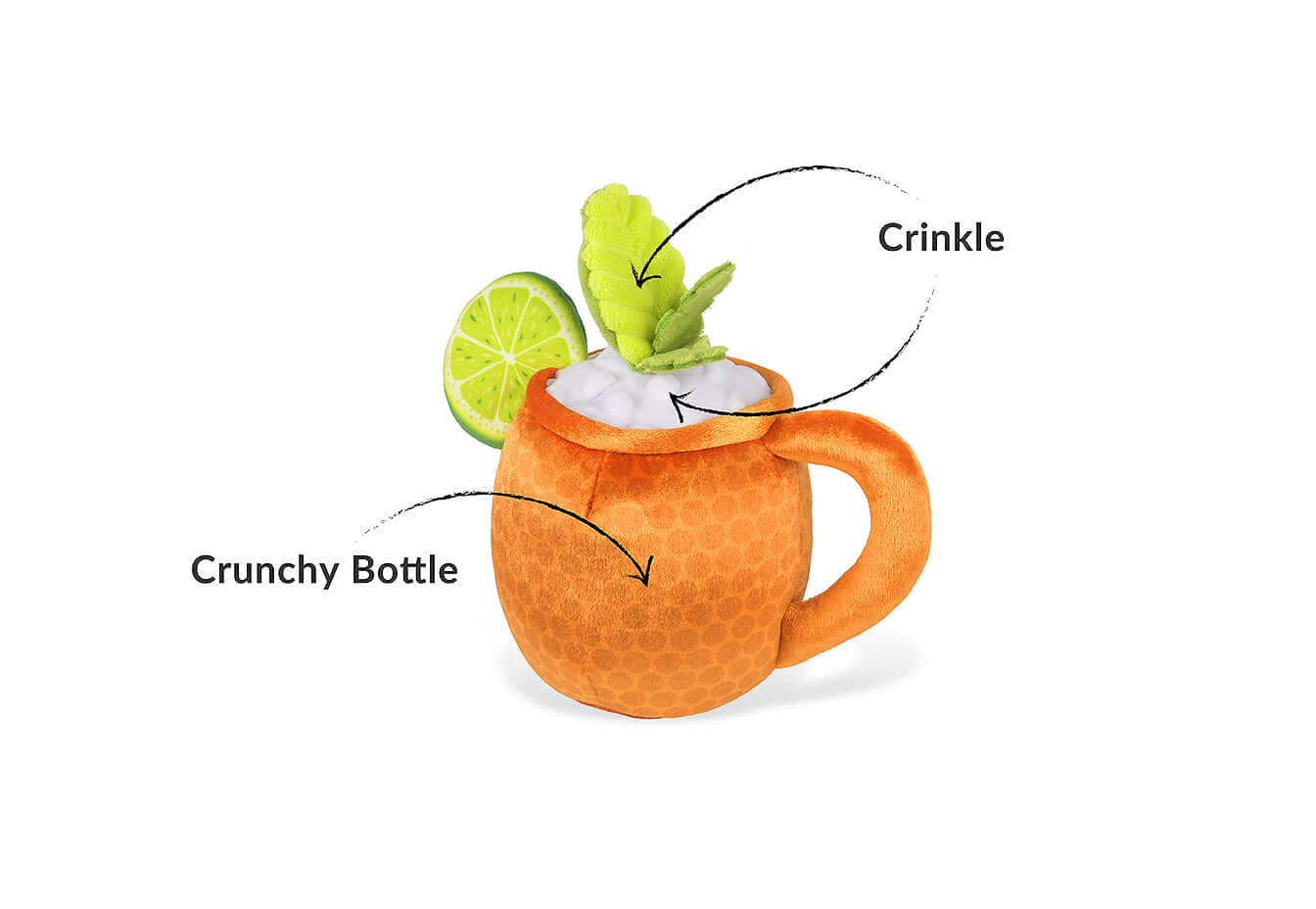 Plush margarita dog toy with crinkly lime and crunchy bottle elements from the P.L.A.Y. Barktender Toy Set.