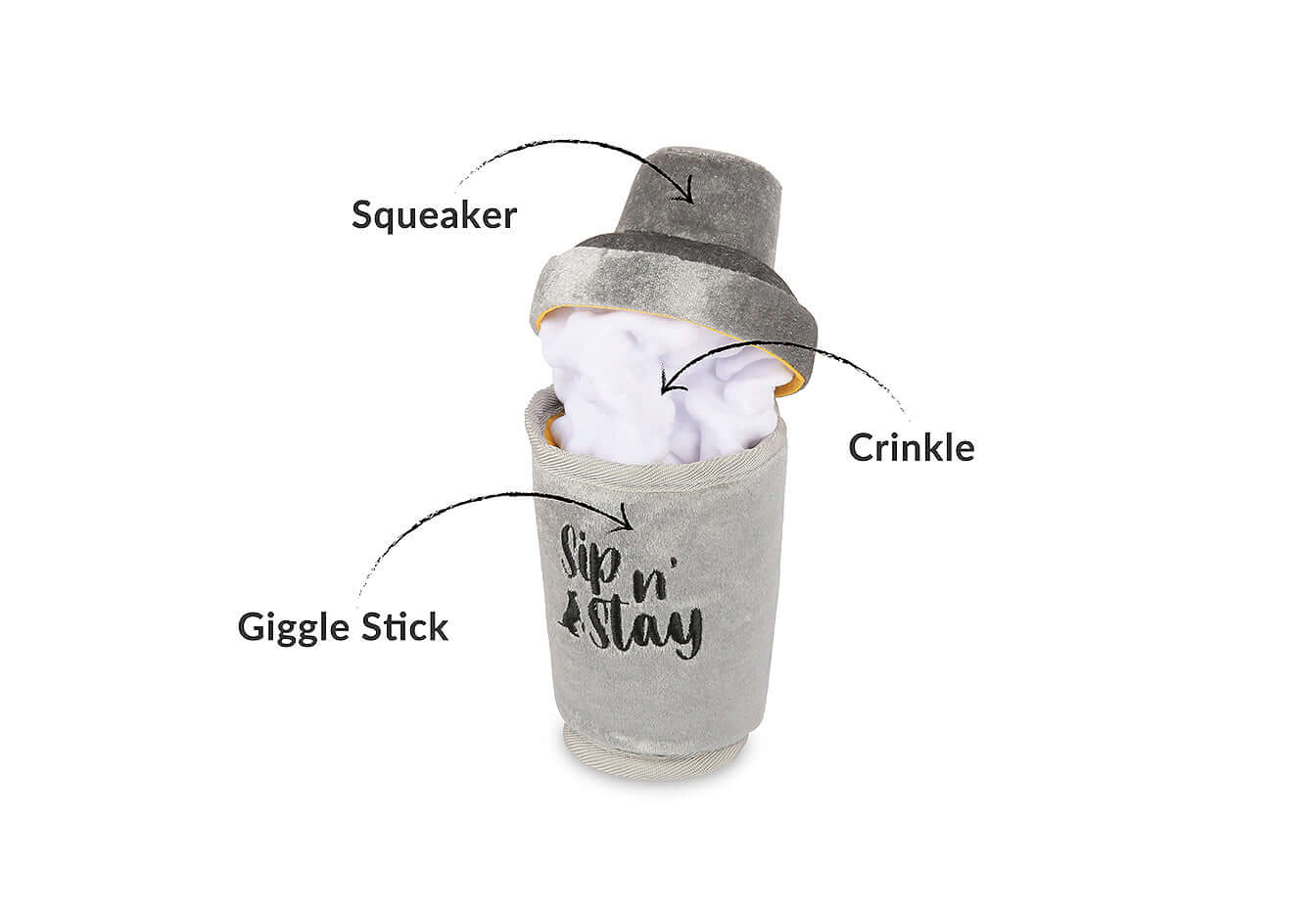 P.L.A.Y. Barktender toy featuring a plush cocktail shaker with squeaker, crinkle, and giggle stick for interactive dog play.