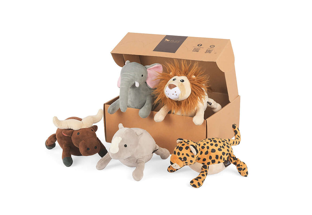 P.L.A.Y. Africa Big 5 Toy Set featuring plush lion, elephant, leopard, rhino, and buffalo, ideal for adventurous dog playtime.