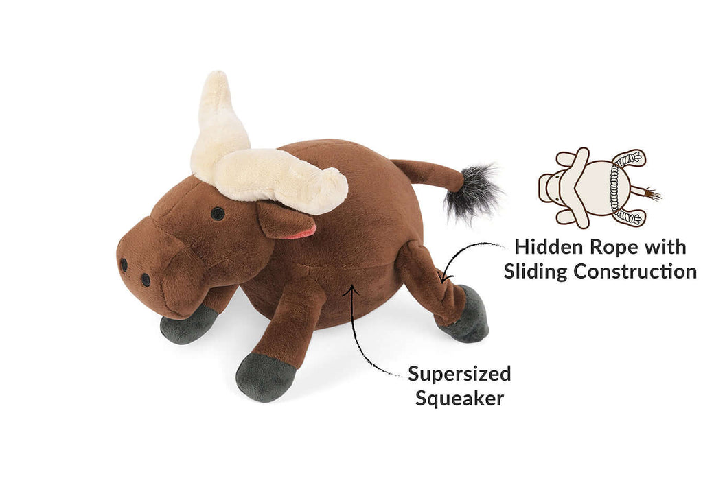 Plush buffalo dog toy with hidden sliding rope and supersized squeaker from P.L.A.Y. Africa Big 5 Toy Set.