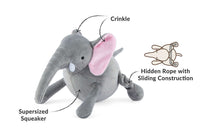 Plush elephant dog toy with supersized squeaker, crinkle ears, and hidden rope for interactive play.