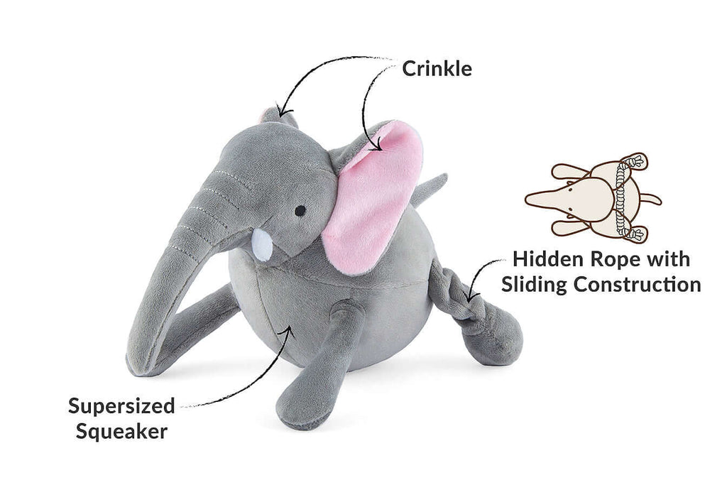 Plush elephant dog toy with supersized squeaker, crinkle ears, and hidden rope for interactive play.