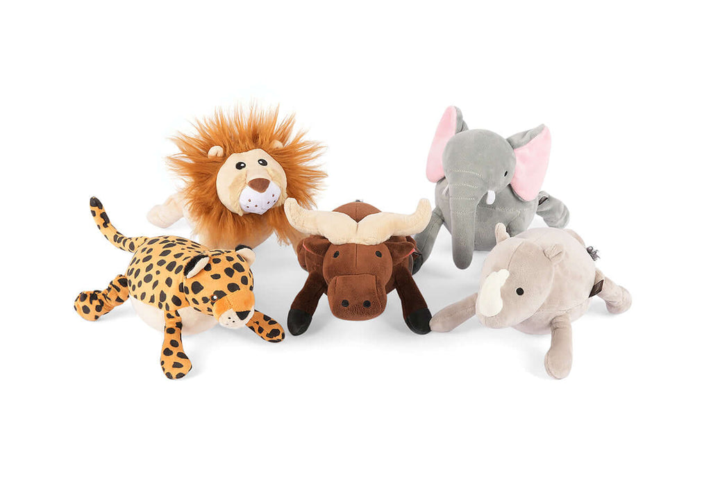 P.L.A.Y. Africa Big 5 Toy Set featuring plush lion, elephant, buffalo, leopard, and rhino toys for adventurous dog playtime.