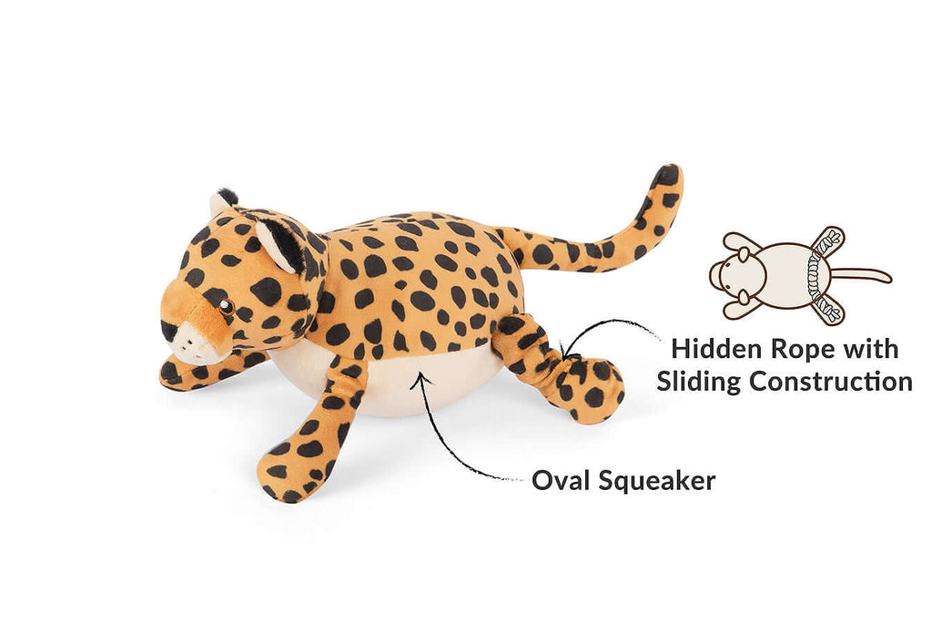 Leopard plush toy with hidden rope and oval squeaker from P.L.A.Y. Africa Big 5 Toy Set for adventurous dogs.